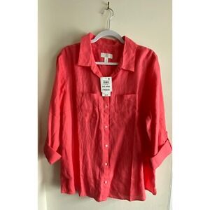 Charter Club Luxury Coral Pink 100% Linen Roll-Tab Button Down Shirt XXL NEW